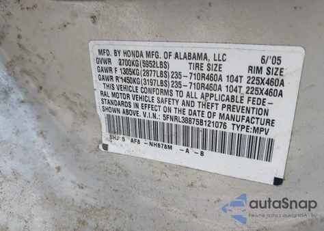 2005 Honda Odyssey Touring from USA, damaged, VIN 5FNRL38875B121076
